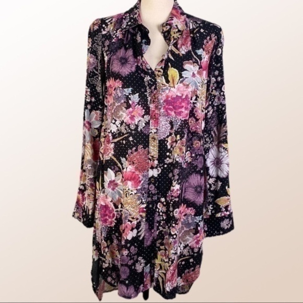 MAEVE/ANTHROPOLOGIE “Autumnal Tunic” black with multi-colored flowers. XS. EUC